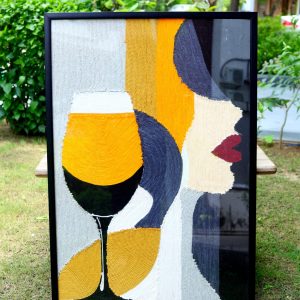 Abstract Lady with Wine Glass: Rope Thread Wall Art, Mustard & Grey