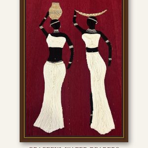 Handcrafted thread art wall decor of two women carrying pots on their heads, in white and black thread on a maroon background, in a wooden frame